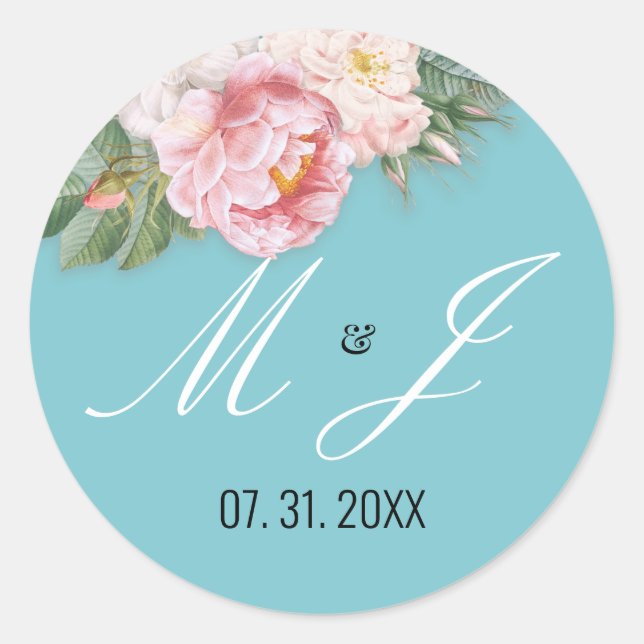 Sticker Rond Élégant rose Roses Bleu clair Mariage romantique (Devant)