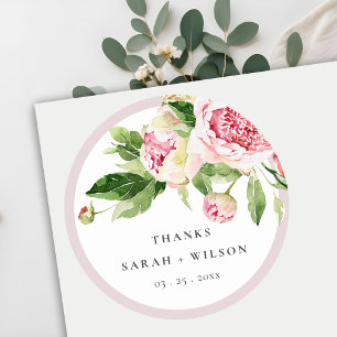 Sticker Rond Elégant rose vert pivoine Floral Merci Mariage