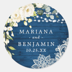 Sticker Rond Elégant Roses Blanches Dentelle Mariage en bois ru