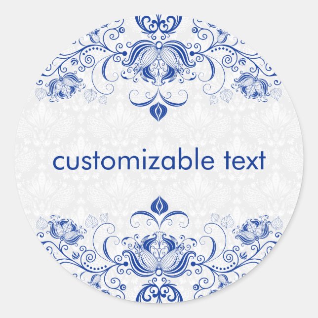 Sticker Rond Elégant Royal Bleu Et Blanc Damas & Fils 2 (Devant)