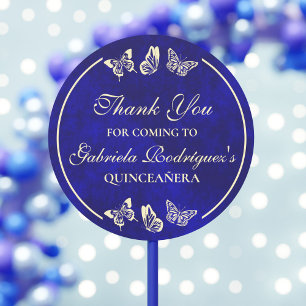 Sticker Rond Élégant Royal Blue Gold Butterflies Quinceañera