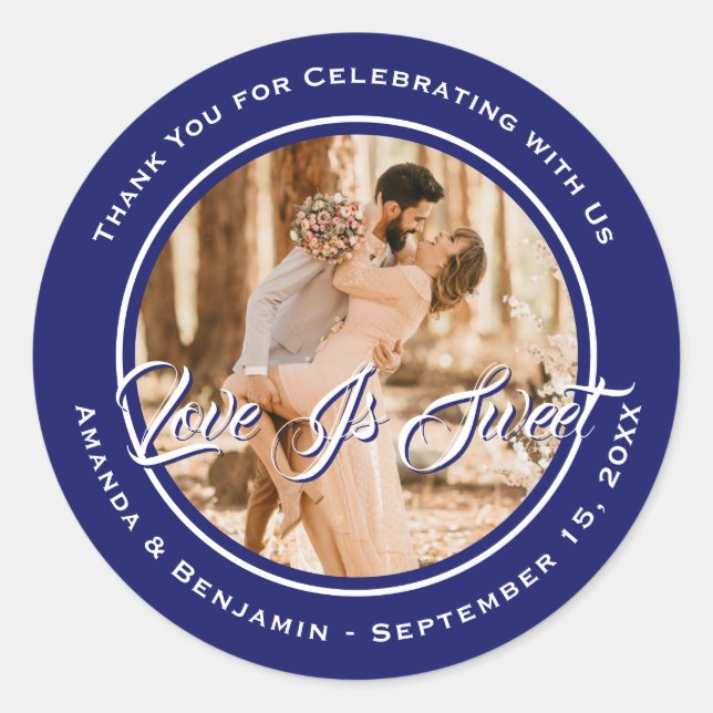 Sticker Rond Elégant Royal Blue Love Is Sweet Mariage Photo (Devant)