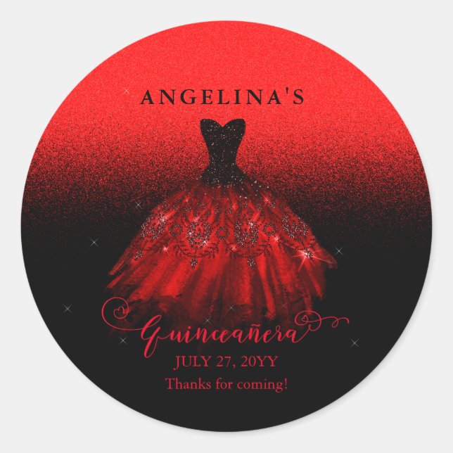 Sticker Rond Elégant Ruby Red Gown espagnol Quinceañera (Devant)