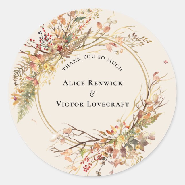 Sticker Rond Elégant Rustic Fall Beige Mariage Merci Favoriser (Devant)