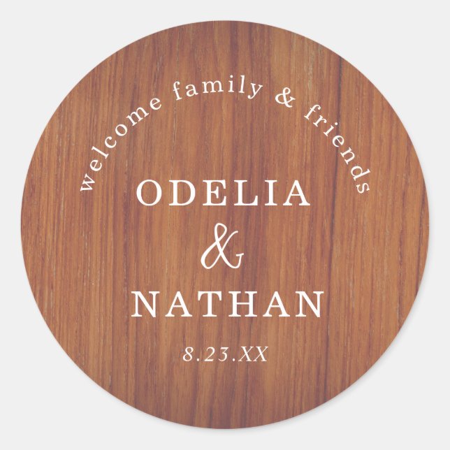Sticker Rond Elegant Rustic Wood Grain Texture Arched Wedding (Devant)