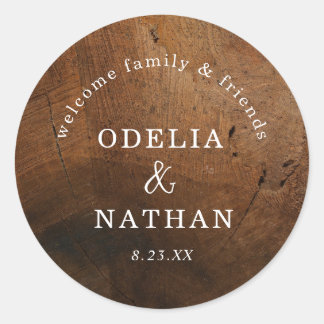 Sticker Rond Elegant Rustic Wood Grain Texture Arched Wedding