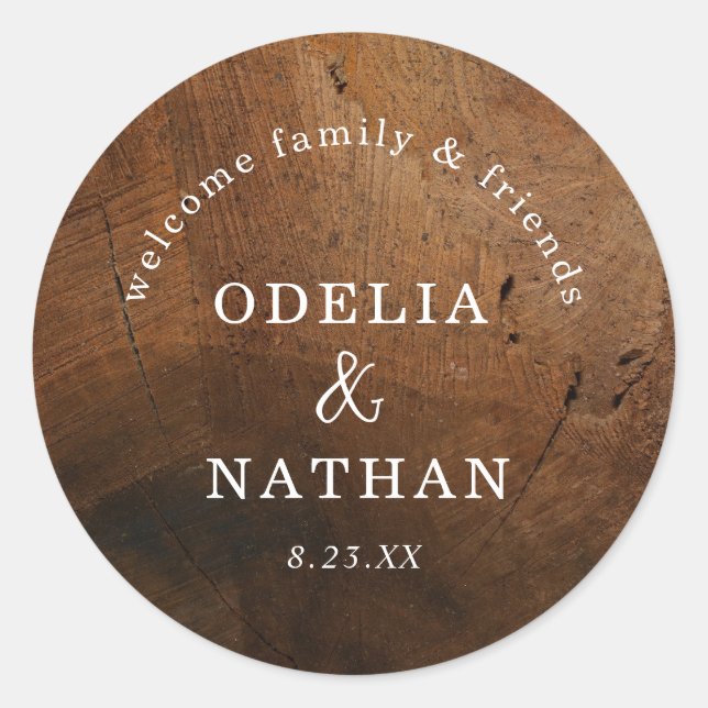 Sticker Rond Elegant Rustic Wood Grain Texture Arched Wedding (Devant)