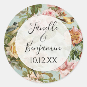 Sticker Rond Elégant Rustique Rose Floral Pays Vintage Mariage