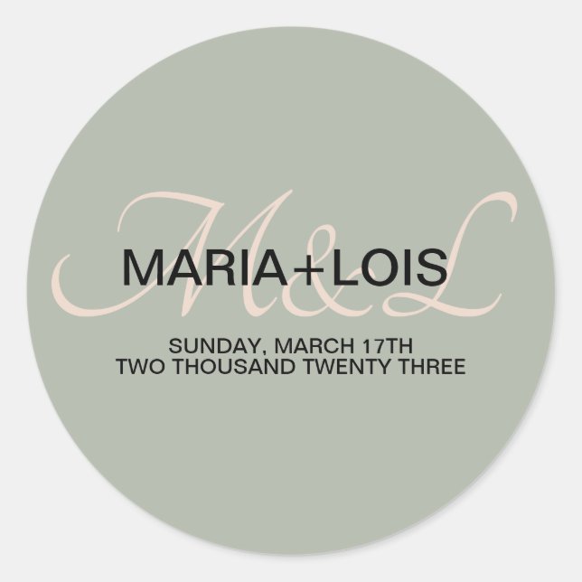 Sticker Rond Élégant Sage Vert rose Mariage Monogramme (Devant)