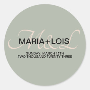 Sticker Rond Élégant Sage Vert rose Mariage Monogramme