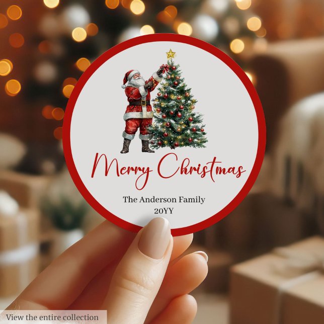 Sticker Rond Elegant Santa Claus Red White Script Font Holiday  (Santa Claus Christmas stickers in red white, rustic, and vintage festive style.)