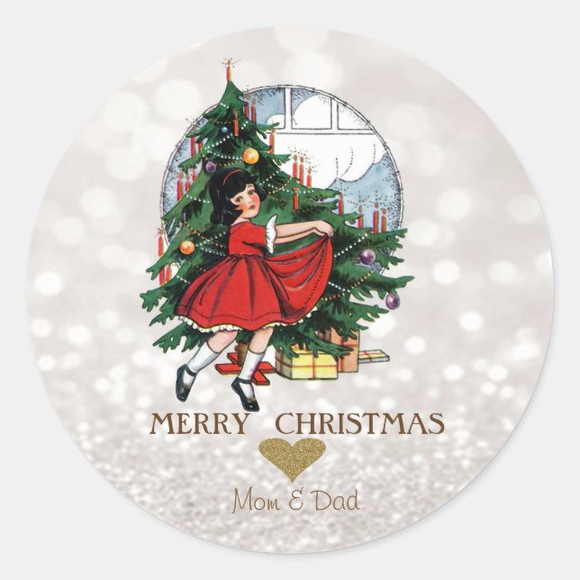 Sticker Rond Elégant sapin de Noël Petite fille Bokeh (Devant)
