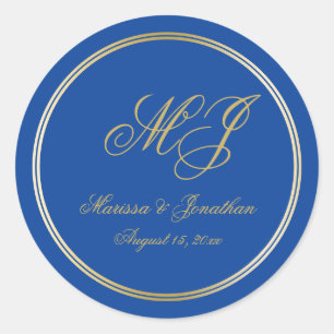 Sticker Rond Élégant Sapphire Blue Gold Monogram Mariage Script
