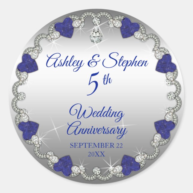 Sticker Rond Elégant Sapphire Diamonds 5e anniversaire Mariage (Devant)