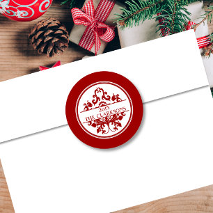 Sticker Rond Elégant Sceau d'enveloppe ronde rouge blanc damass