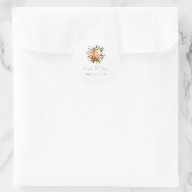 Sticker Rond Élégant Script Autumn Floral Bouquet Mariage (Sac)