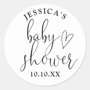 Sticker Rond Élégant Script Baby shower noir et blanc Favoriser