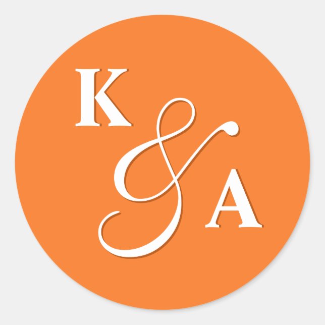 Sticker Rond Élégant Script brillant Orange Mariage Monogramme (Devant)