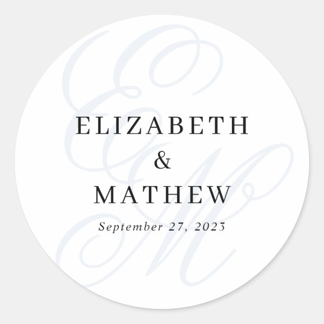 Sticker Rond Élégant Script Dusty Blue Monogram Mariage (Devant)