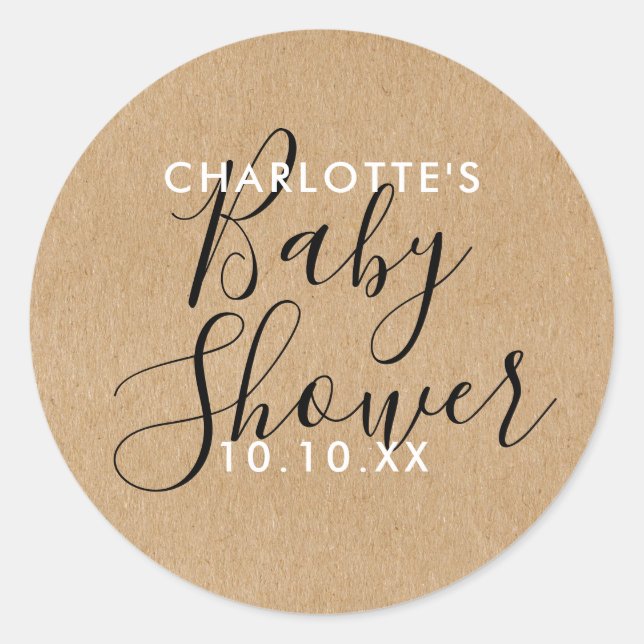Sticker Rond Élégant Script Moderne Baby Shower Kraft Rustique  (Devant)