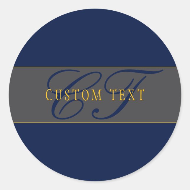 Sticker Rond Élégant Script Monogram Dark Navy Blue Grey & Gold (Devant)