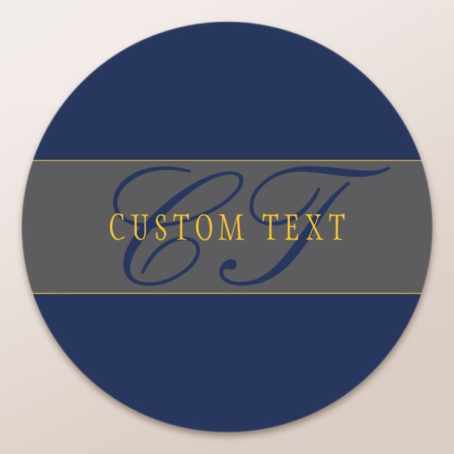 Sticker Rond Élégant Script Monogram Dark Navy Blue Grey & Gold (Créateur téléchargé)