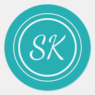 Sticker Rond Élégant Script Turquoise Professionnel Monogramme 