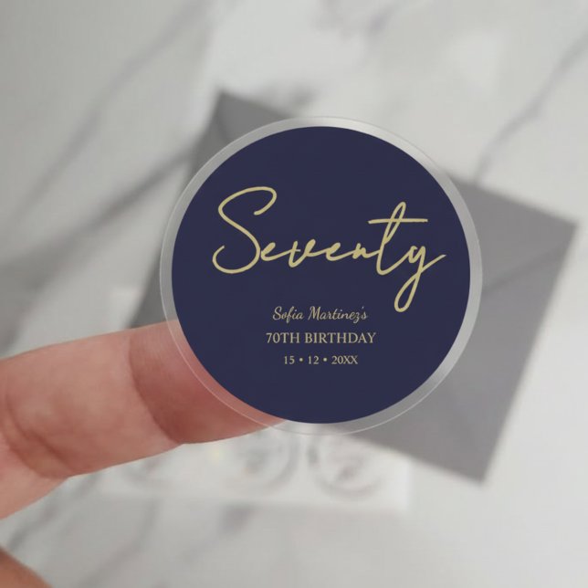 Sticker Rond Elegant Seventy Birthday Sticker–Navy Gold Script (Créateur téléchargé)