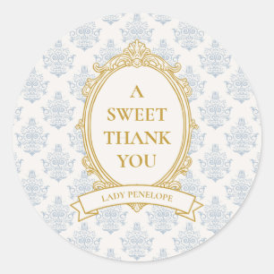 Sticker Rond Élégant shower de mariage bleu et or damassé