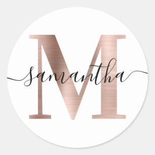 Sticker Rond Élégant Signature Rose Gold Foil M Monogramme