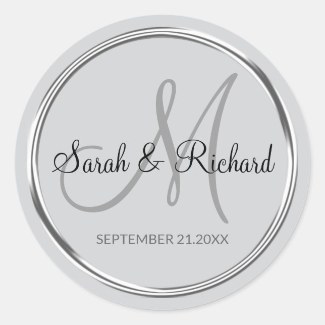 Sticker Rond Elegant Silver Gray Monogrammed Wedding Favor  (Devant)