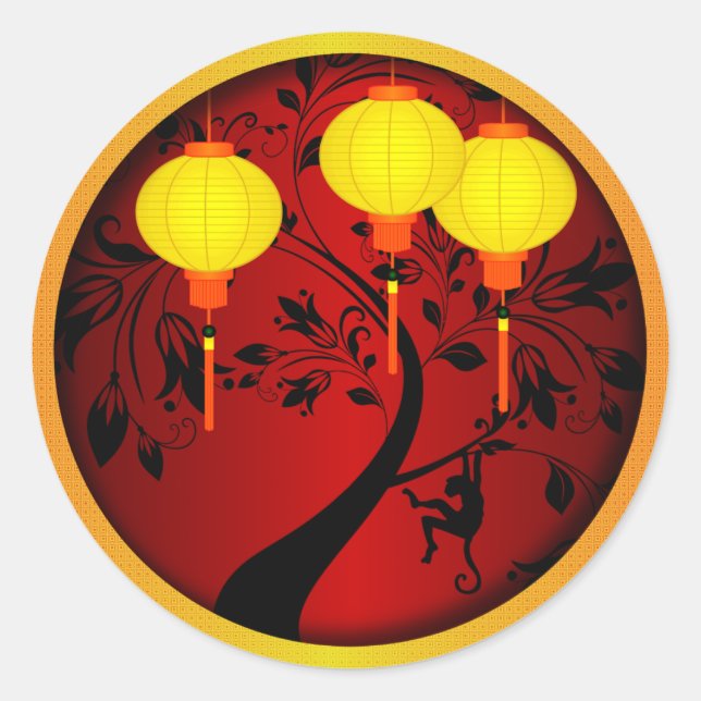 Sticker Rond Elégant singe chinois du Nouvel An avec Lanternes  (Devant)