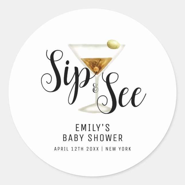 Sticker Rond Elégant Sip & See Martini Cocktail Baby shower (Devant)