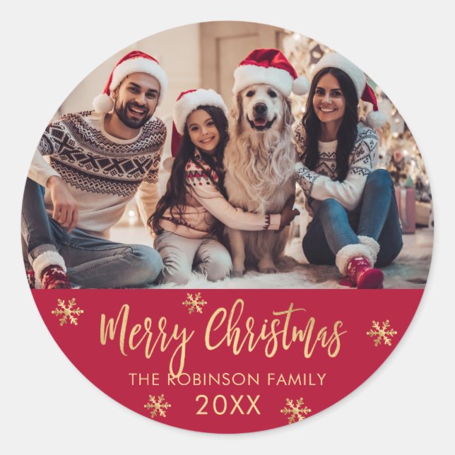 Sticker Rond Elegant Snowflake Red and Gold Photo Christmas (Devant)