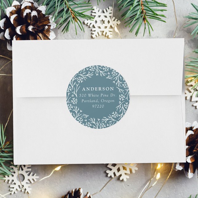Sticker Rond Élégant Snowflake Wreath Blue Adresse de retour La (Créateur téléchargé)