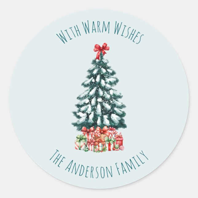 Sticker Rond Elegant Snowy Christmas Tree Personalized (Devant)