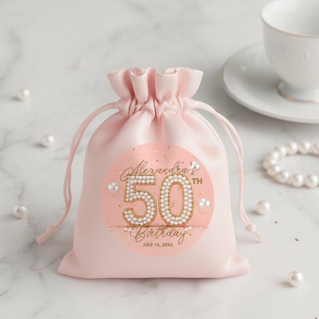 Sticker Rond Elegant Soft Pink Gold Pearly 50th Birthday (Créateur téléchargé)