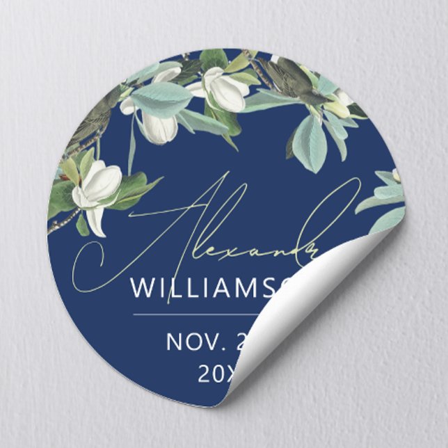 Sticker Rond Élégant Style Fleurs Bleu Blanc Et Vert  (Créateur téléchargé)