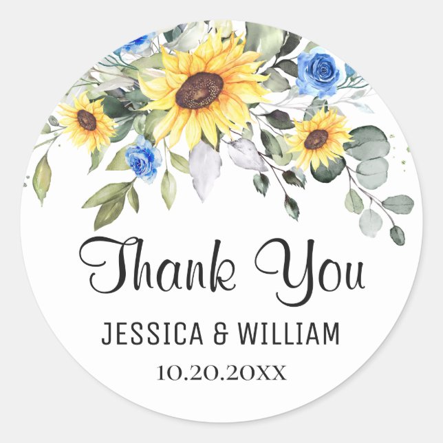 Sticker Rond Elegant Sunflowers Eucalyptus Watercolor Wedding (Devant)