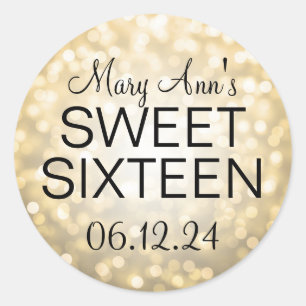 Sticker Rond Élégant Sweet 16 Lumières Parties scintillant Or A