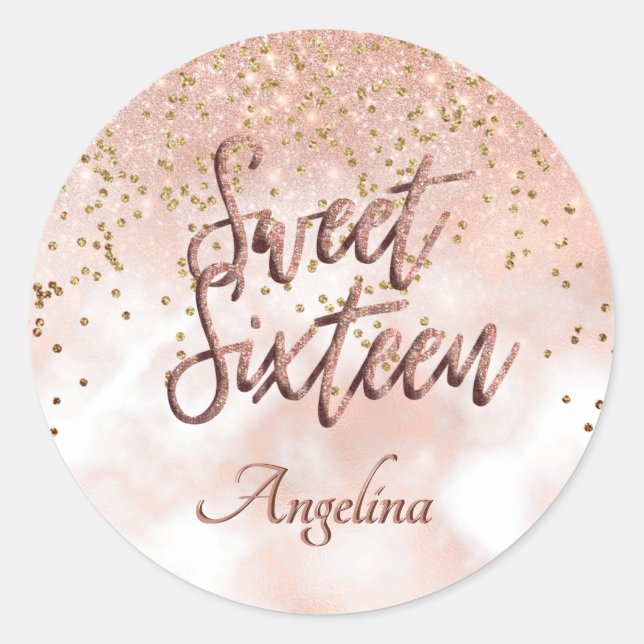 Sticker Rond Elégant Sweet 16 Rose Blush Pink Gold Parties scin (Devant)