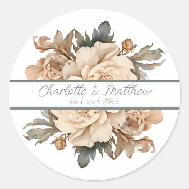 Sticker Rond Élégant Taupe Avec Mariage Floral Vert (Devant)