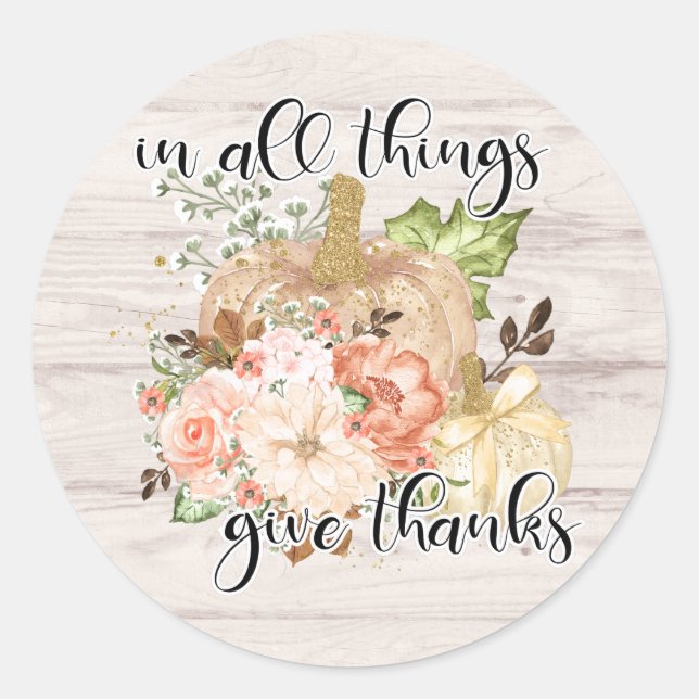 Sticker Rond Élégant Thanksgiving Chic Floral Citrouille (Devant)