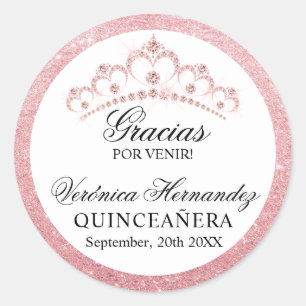 Sticker Rond Elégant Tiara Pink espagnol Quinceañera Quince Cla