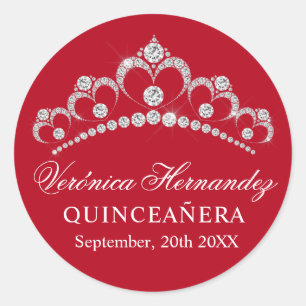 Sticker Rond Elégant Tiara Red espagnol Quinceañera Quince