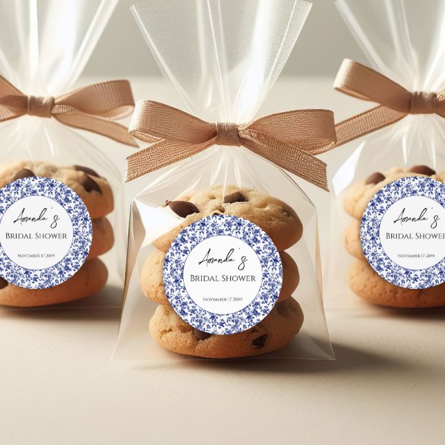 Sticker Rond Élégant Toile Bleue Fleurs Mariage Shower (Créateur téléchargé)