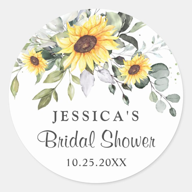 Sticker Rond Élégant Tournesols Eucalyptus Baby Shower (Devant)