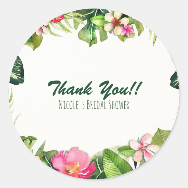 Sticker Rond Elégant Tropics Vert Feuille Floral Aquarelle (Devant)