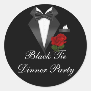 Sticker Rond Élégant Tux & Rose Black Cravate Dinner Party Stic