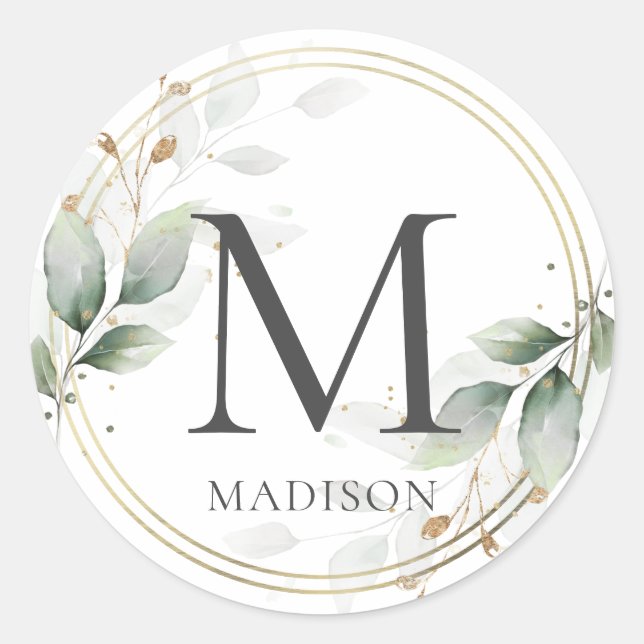 Sticker Rond ÉLÉGANT Verdure Feuille Monogramme d'or (modifiabl (Devant)